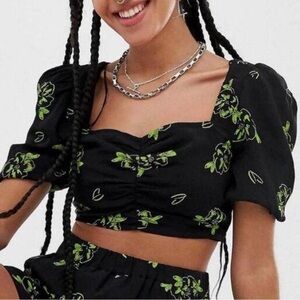 Collusion Crop Y2K Vintage Black Green Floral Sweetheart Neck Size 6 EUC #1881